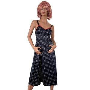 Handmade Navy Polka Dot Satin Midi Dress with Red Trim and Bows